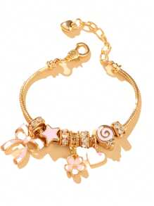 1 pieza Pulsera de aleación de oro lujosa, joyería de pulsera rosa con estilo, con temática de flor, moño y amor, regalo primavera/verano