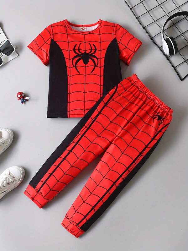 2pcs/Set Toddler Boys Spider Graphic Print Short Sleeve Knit Pajama Set'