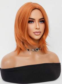 Hermosa peluca naranja con raya central, corta y tipo bob hasta los hombros de 14 pulgadas, con capas finas y fibra sintética transpirable resistente al calor, ideal para uso diario, fiestas, bodas, natural, romántica, casual, calle, fácil de usar, con diseño antideslizante, peluca corta y recta adecuada para cualquier forma de rostro