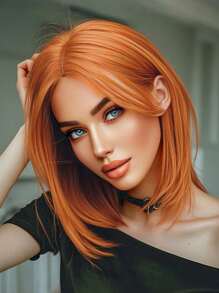 Hermosa peluca naranja con raya central, corta y tipo bob hasta los hombros de 14 pulgadas, con capas finas y fibra sintética transpirable resistente al calor, ideal para uso diario, fiestas, bodas, natural, romántica, casual, calle, fácil de usar, con diseño antideslizante, peluca corta y recta adecuada para cualquier forma de rostro