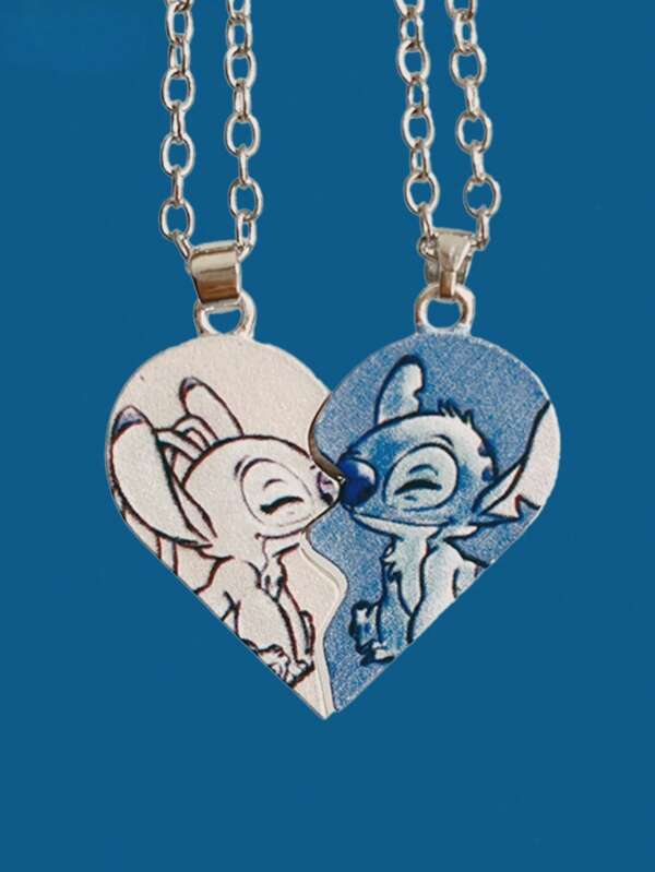 Disney Disney S925 Silver Couple Necklaces, Stitch & Angel Cartoon Pattern, Heart-Shaped Magnetic Splicing Necklace, Birthday And Valentine's Day Gift