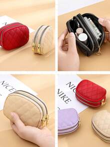 Rhombus Embroidery Coin Purse, Student Key Chain Holder, Large Capacity Dual Zipper Card Wallet - Multicolor - View 4