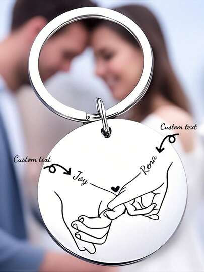 1pc Personalized Couples Round Disc Key Chain, Engraved Little Finger Design Stainless Steel Custom Name Keyring, Romantic Gift For Wife, Husband, Anniversary, Valentine's Day