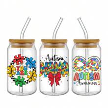 4pcs Autism Awareness UV DTF Stickers Set, Self-Adhesive Waterproof Scratch-Resistant Decals For 16oz Glass Jars, Mugs & DIY Crafts - Vibrant Designs With Autism Symbols & Inspirational Messages