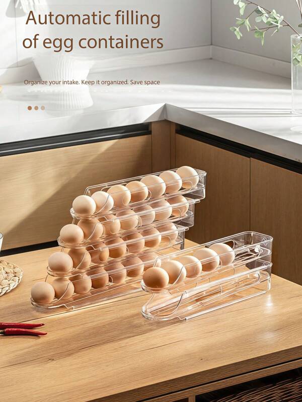1/3 Soporte apilable de capas para huevos, cada capa puede contener aproximadamente de 7 a 21 huevos para almacenarlos en el refrigerador. El soporte se puede apilar al costado del refrigerador de la cocina. Dispensador de huevos para refrigerador de cocina. Adecuado como regalo para el Día de la Madre, Día del Padre, Pascua, Halloween y otras festividades