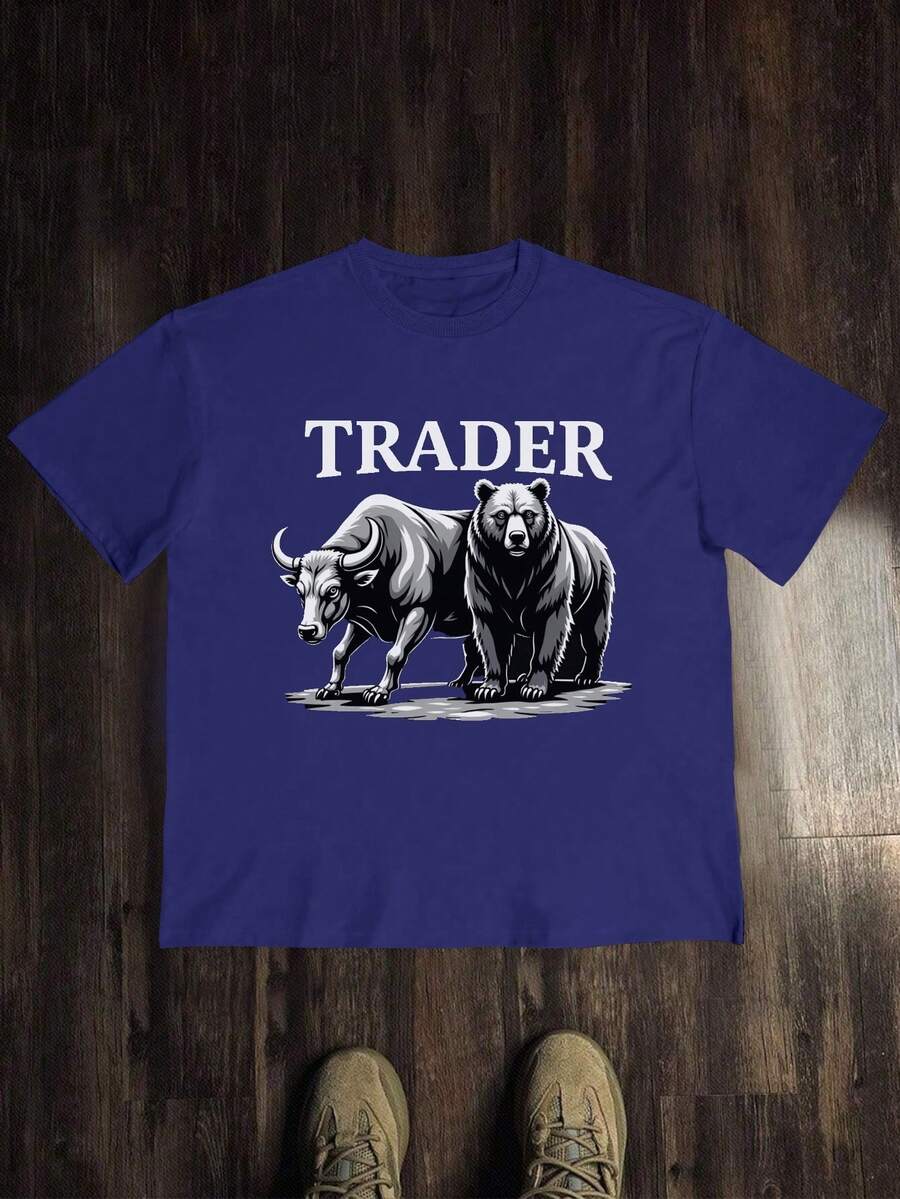 Bull And Bear Trader Design Pure Cotton Men's T-Shirt Comfort Fit - Blue - View 1