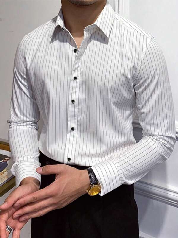 Men's Striped Print Silver Trim Button Design Formal Long Sleeve Shirt