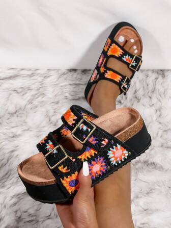 Women's Summer Casual Sandals Thick High Heel Beach Slippers, Floral Printed Bohemian Fashion Resort Slip-On Slides For Outdoor, Wedding, Party, Indoor & Outdoor Wear