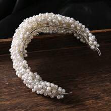 1pc Handmade Crystal & Pearl Bridal Headband, Elegant Round Shaped Pearl Hair Hoop Crown Vintage Wedding Hair Accessories, Fabric & Faux Pearl
