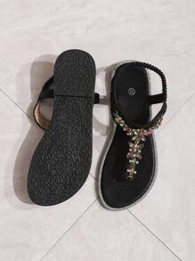 New Fashion Women Round Toe Flat Sandals, Elastic Band, Elegant, Comfortable, Versatile, Rhinestone Decor, Party Sexy