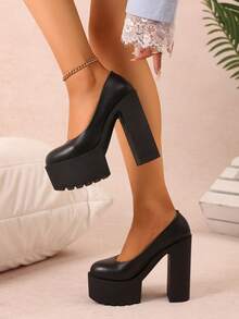 Women's Round Toe High Heel Platform Thick Sole Pumps - Black - View 1