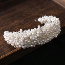 1pc Handmade Crystal & Pearl Bridal Headband, Elegant Round Shaped Pearl Hair Hoop Crown Vintage Wedding Hair Accessories, Fabric & Faux Pearl