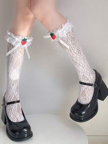 1双女士日式春夏提花蕾丝荷叶边蝴蝶结中筒袜，网眼 - 彩色 - 查看 5