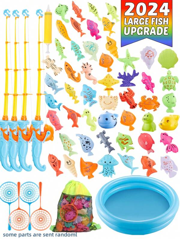 Conjunto de brinquedos magnéticos de pesca com 19/36/47/71 peças - com bacia de água, piscina inflável, varas, rede, peixes flutuantes de plástico, animais marinhos coloridos, presente de aniversário para meninos e meninas a partir de 3 anos