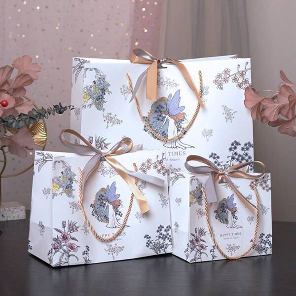 1 Stück/5 Stück/10 Stück elegante Geschenktüten mit Engelmotiv, Einkaufstüten, Papiertüten mit Henkel, Schleifendekor Einkaufstaschen, große weiße Geschenktüten für Halloween, Thanksgiving, Weihnachten, Neujahr, Hochzeit, Geburtstag, Weihnachtsfeier, Schmuck, Sommerhochzeit, Feiertage