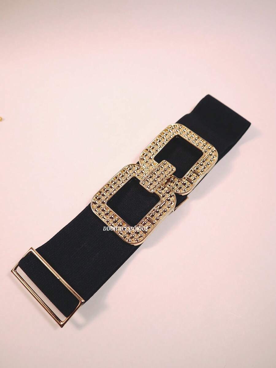 Women's Elastic Belt With Metal Buckle And Rhinestones - Black - View 1