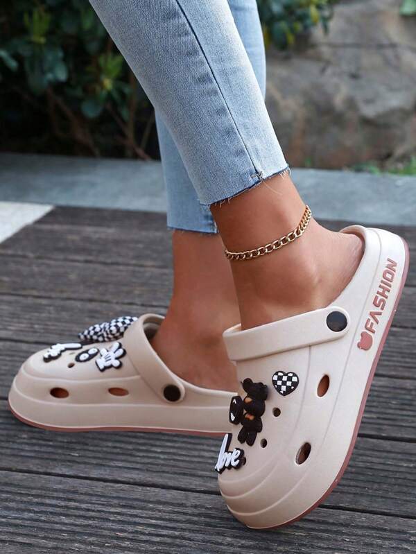 New Khaki EVA Adult Slippers, Men's And Women's Sandals, Teddy Bear Butterfly Design, Fashionable And Cute Casual Thick Sole Slippers, Indoor Bathroom Outdoor Travel Walking Beach Shoes, Vacation Shoes