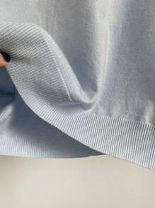 Summer New Arrival Simplistic Lace Trim Blue Short Sleeve Knit Top