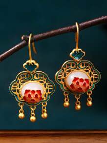 1 Pair New Chinese Style National Elements Earrings, 24k Gold-Plated Enamel Painting, Fashionable & Versatile Retro Vintage Earrings, Suitable For Daily Wear, Dates, Gatherings, Commuting, Parties, Dances. Elegant And Unique, Great Mother's Day, Teachers Day Gift, High-End Bohemian Fashion Jewelry