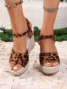 女士坡跟凉鞋，夏季新款加大码露趾豹纹弹力厚底时尚性感