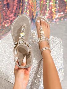 New Women Round Toe Flat Sandals, Elegant & Comfortable, Rhinestone Decor, Suitable For Party