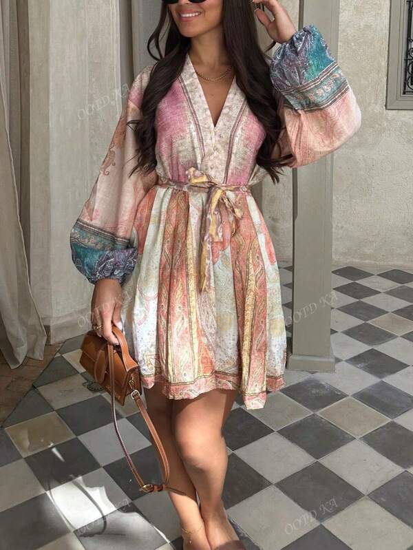 Spring And Summer Premium Women's Fashion Retro Elegant Casual Resort Retro Style Waist Slimming Mini Dress Half Split Neck Lantern Sleeve Bohemian Dress