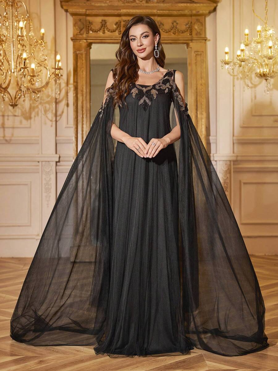 SUPGIR Elegantes Umstands-Abendkleid für Damen mit quadratischem Ausschnitt, fließenden Ärmeln, Perlenbesatz und Tüll, doppelseitig - Schwarz - Übersicht 1