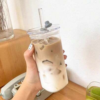 1 件方形透明玻璃杯，带吸管和盖子，时尚可重复使用的冰咖啡饮用杯，耐用轻便的玻璃水瓶，非常适合冰沙、果汁和冷饮，适合家庭、办公室和外出时使用，露营杯，厨房饮具，万圣节装饰，厨房装饰，咖啡杯，沙特咖啡杯