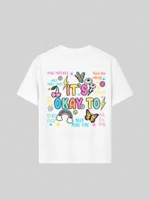 Camiseta de manga corta con estampado novedoso y cuello redondo para niñas preadolescentes, estilo informal de verano - Blanco - Ver 4