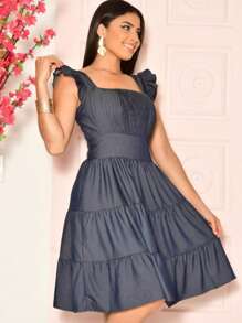 Vestido curto chambray imitação de jeans plissado com babada na manga