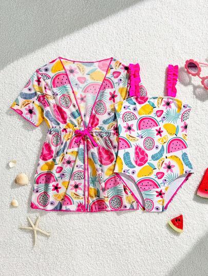 女童水果印花可爱连体泳衣带罩衫，沙滩装