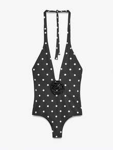 Traje de baño monokini para mujer con estampado de puntos y flores en 3D, escote halter con lazo, escote en V profundo y sin mangas. Traje de baño de verano. - Negro - Ver 3