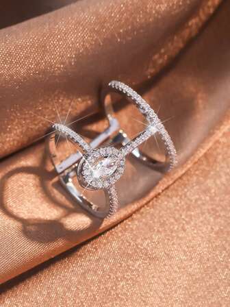 1 Piece Exquisite Luxury Classic Fashion Summer Double Layer Wide Face Hollow Cutout Turkish Geometric Oval Cube Luxury Zirconia Open Adjustable Long Ring Women's Gold Plated Silver Color Fashion Jewelry Girls Anniversary Gift Party Dress Accessories