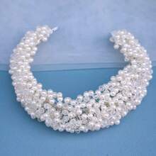 1pc Handmade Crystal & Pearl Bridal Headband, Elegant Round Shaped Pearl Hair Hoop Crown Vintage Wedding Hair Accessories, Fabric & Faux Pearl
