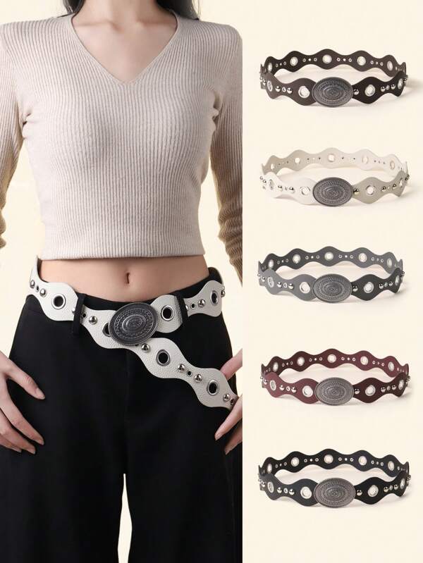 1pc Women's Retro Western Bohemian Heavy Metal Spike Grommet Waist Belt, Fashion Wavy Cinch Waist Belt, Versatile For Dresses, Jeans, Ideal For Mother's Day, Halloween, Christmas & Other Holidays