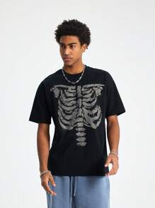 Tiny Spark Camiseta de manga corta de cuello redondo casual con estampado de esqueleto para hombres, versátil para el verano
