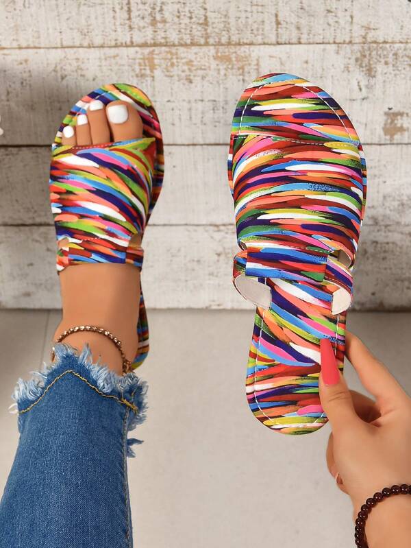 Sandalias slip-on para mujer, sandalias planas de verano de punta abierta casuales, sandalias slip-on ligeras, sandalias de playa con decoración metálica, tela casual asimétrica/asimétricas, para fiesta y uso en exteriores en verano