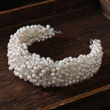 1pc Handmade Crystal & Pearl Bridal Headband, Elegant Round Shaped Pearl Hair Hoop Crown Vintage Wedding Hair Accessories, Fabric & Faux Pearl