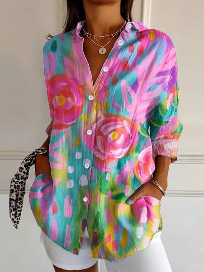 Colorful Printed Casual Shirt - Single Row Button Long Sleeve Turnover Collar Top - Four Seasons Home, Outing, Office Wear