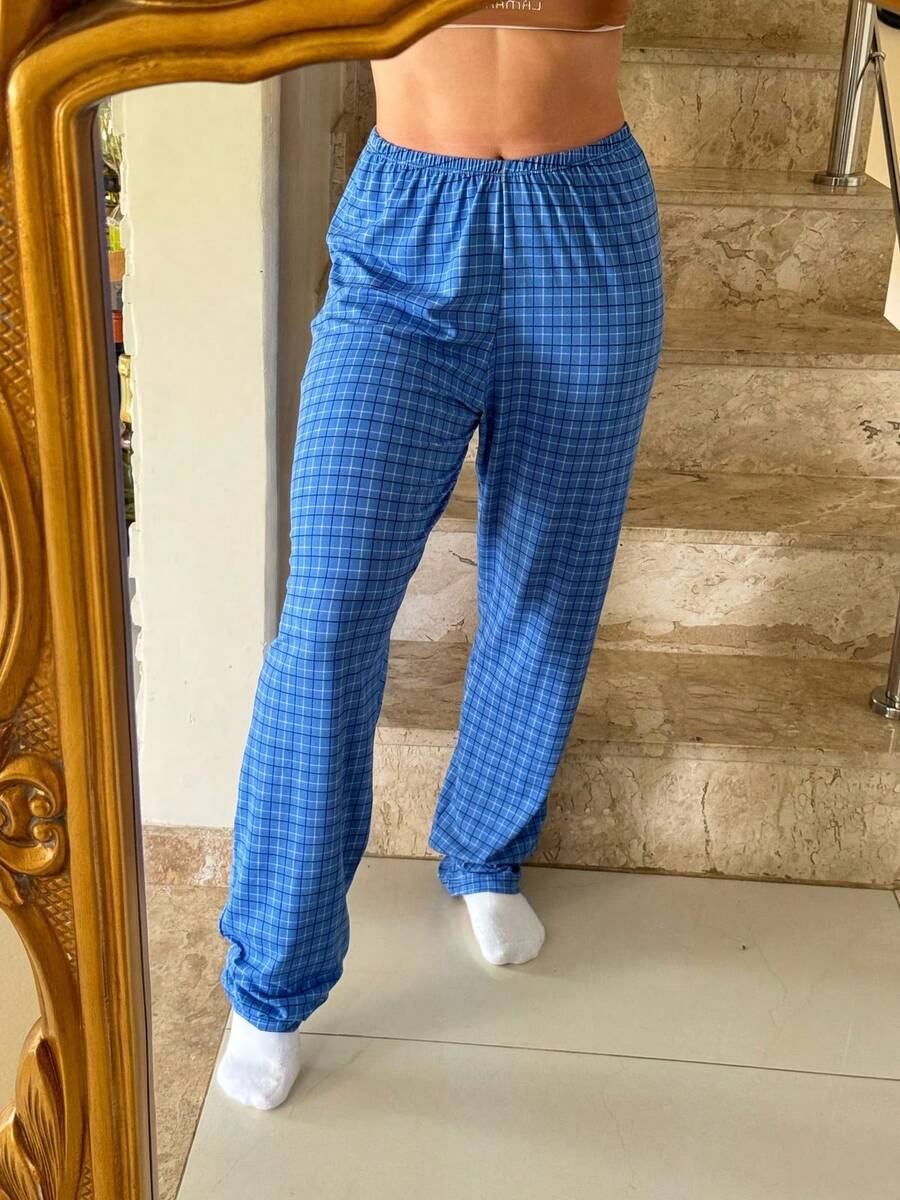 Women's Comfortable Cotton Plaid Sleepwear Pajama Pants - 水鴨藍 - 查看 1