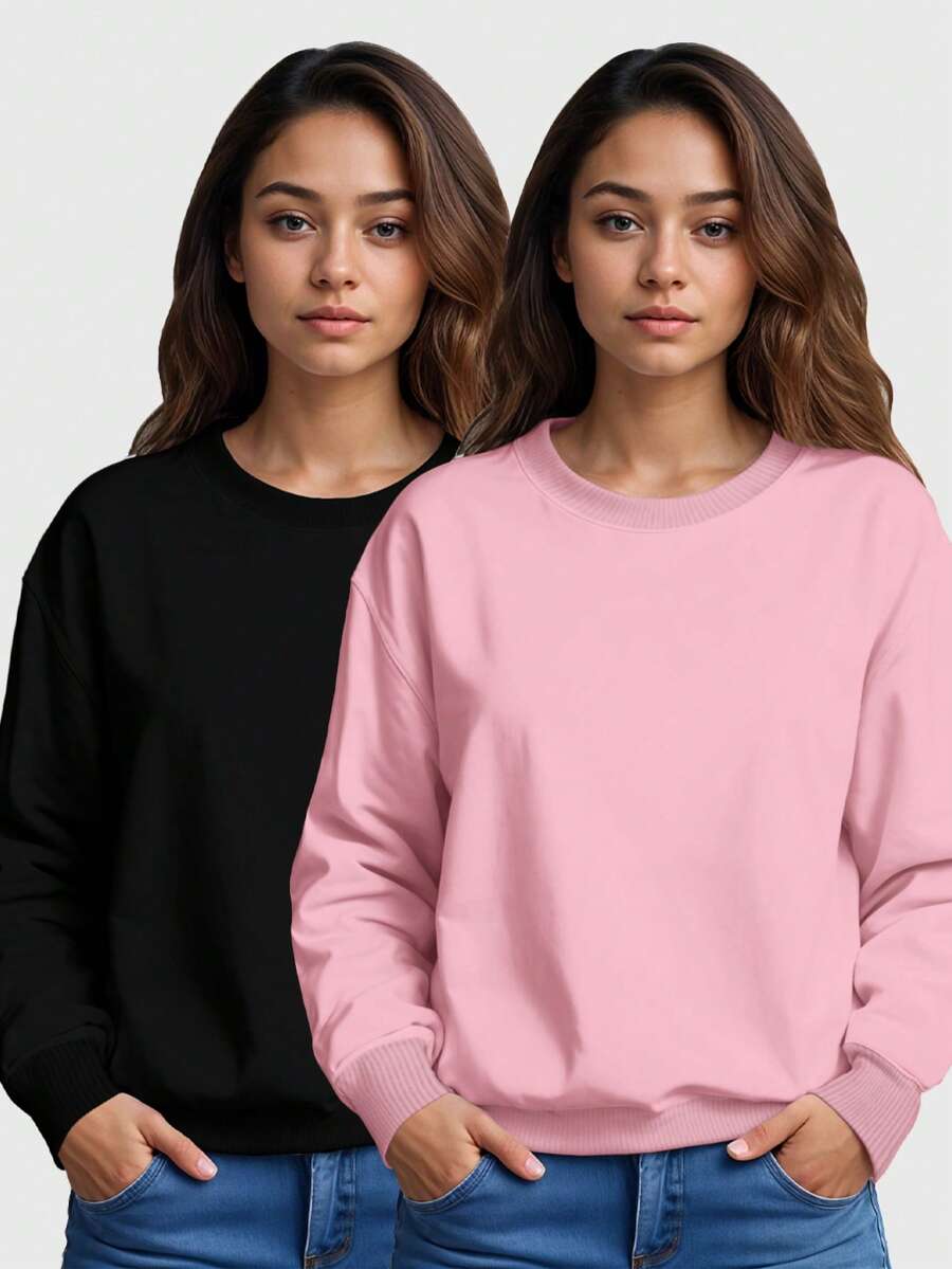 Kit 2 Round Neck Sweatshirts Without Print Flannel Women's Various Colors - Pink - View 1