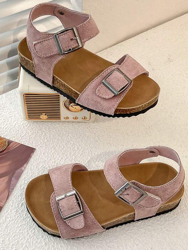 1 Paar sommerbeständige Sandalen, Lässig Römische schwarze Sandalen mit dicker Sohle für Mädchen 3-12 Jahre, Sandalen/Pantoffeln geeignet für Innen und Außen, Urlaub, Lässig, Strand, Wildleder-Bimetall-Schnallen-Design