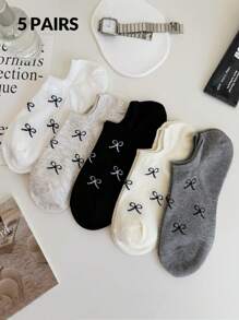 5 pares de calcetines tipo barco simples con lazo dulce para mujer, calcetines invisibles adecuados para primavera y verano