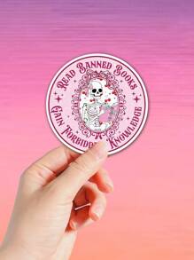1/3pcs "READ BANNED BOOKS GAIN FORBIDDEN KNOWLEDGE" Humorous Stickers, Aesthetic, Pink Meme Skeleton Reading Book Waterproof Vinyl Decal, Suitable For Laptop, Water Bottle, Journal, Guitars, Helmets, Office Supplies, School, Skateboards, Luggage, And Other Funny Decal,School Supplies,Back To School