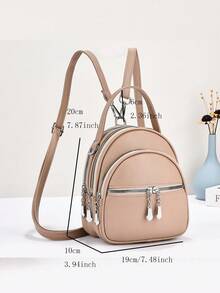 New Women Fashion Soft Leather Multi-Function Dual-Strap Backpack, Can Be Worn As Shoulder Bag Or Crossbody - Khaki - View 2