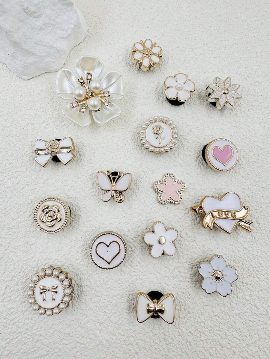 16pcs Set Faux Pearl Butterfly Heart Resin Elegant & Cute Decor Suitable For Casual Shoes, Wooden Clogs And Sandals, With Whimsical Design, Great Gift For Girls, Party & Creative Presents