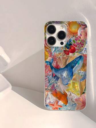 1 Stück Sommer Delfine, Orangen, Seestern Elemente Collage, glänzend, wasserdicht, stoßfest, rutschfest, weicher Schutzhülle für Handy