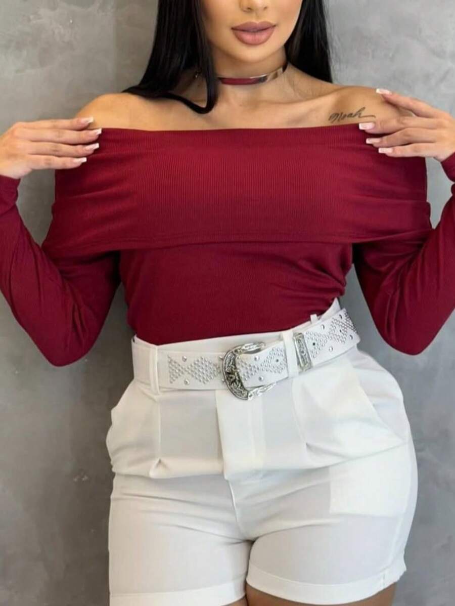 Long Sleeve Blouse With Ribbed Shoulder To Shoulder, Autumn Winter Fashion - 酒紅色 - View 1