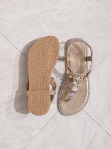 New Women Round Toe Flat Sandals, Elegant & Comfortable, Rhinestone Decor, Suitable For Party