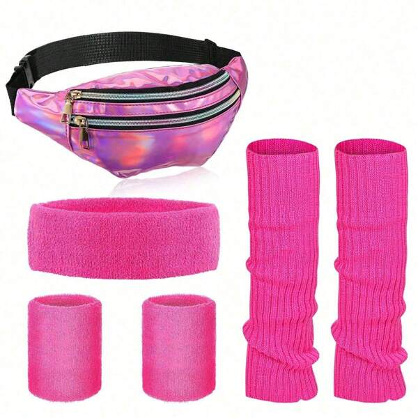 Conjunto de 6 polainas neon femininas dos anos 80, pochete holográfica, aquecedores de pernas de malha, faixa de cabeça, pulseiras para ioga, corrida, caminhada, Halloween
